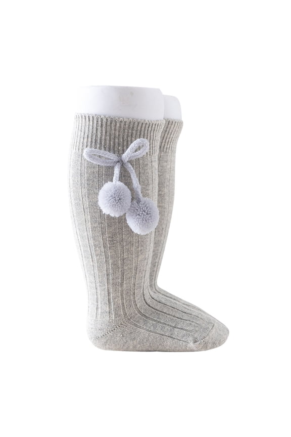 Baby Socks 100% Cotton Girls Socks Ribbed Knit Solid Color Loose Cuff Knee High Socks British Style with Pom Pom Bow (Gray ,L）