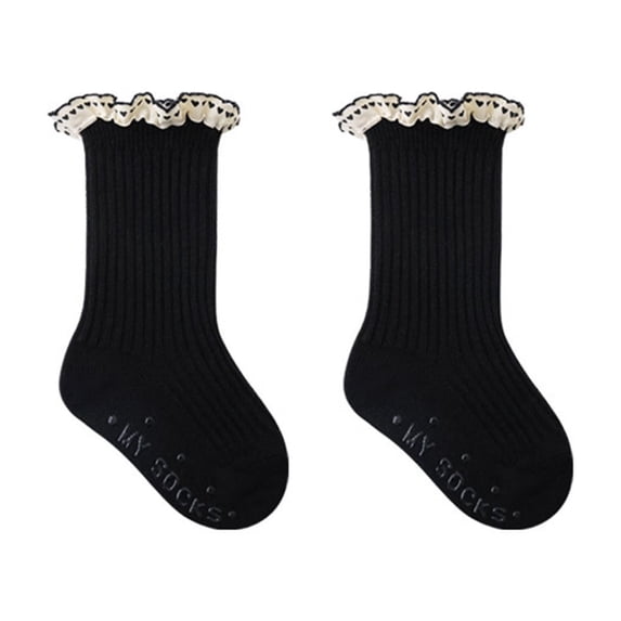 RKSTN Baby Socks Lace Trimmed Cotton Socks for Girls Retro Color Block Patchwork Lovely Crew Socks (Black ,1 Years)