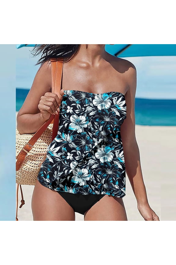 Bathing Suit for Women Strapless Tankini Sets Push up Bandeau Padded Print Beach Swimsuit Ruffled Vacation Outfits