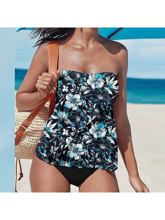 Bathing Suit for Women Strapless Tankini Sets Push up Bandeau Padded Print Beach Swimsuit Ruffled Vacation Outfits