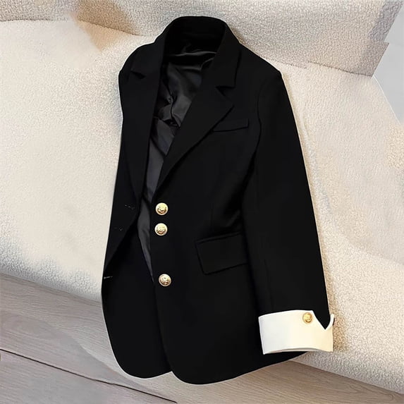 RKSTN Black Blazers for Women Long Sleeve Lapel Collar Button Down Mid Length Tailored Elegant Summer Women Blazer