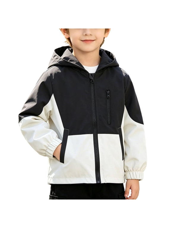 Black Boys Jacket with Hood Long Sleeve Zip up Color Block Windbreaker Lightweight Girls' Outerwear Jackets with Pockets