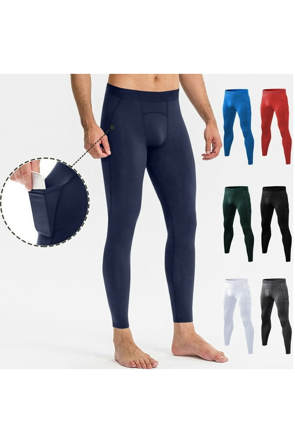 Black Compression Pants Men Solid Color High Waist Athletic Yoga Base Layer Leggings with Pockets for Sports Running Basketball