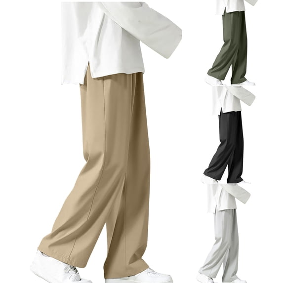 RKSTN Black Mens Pants Silk Casual Pants Elastic Waist Drawstring Straight Leg Loose Fit Breathable Lounge Pants