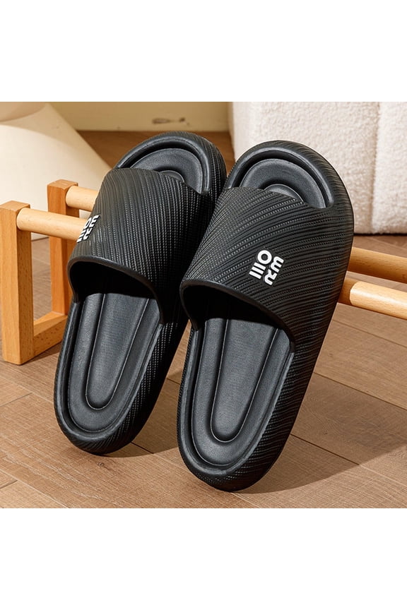 Black Mens Slippers Twill Upper Letter Print Thick Soled Cushioned Bathroom Shower Shoes Non Slip Lightweight Soft Sole Odor Control Durable Wear House Slides