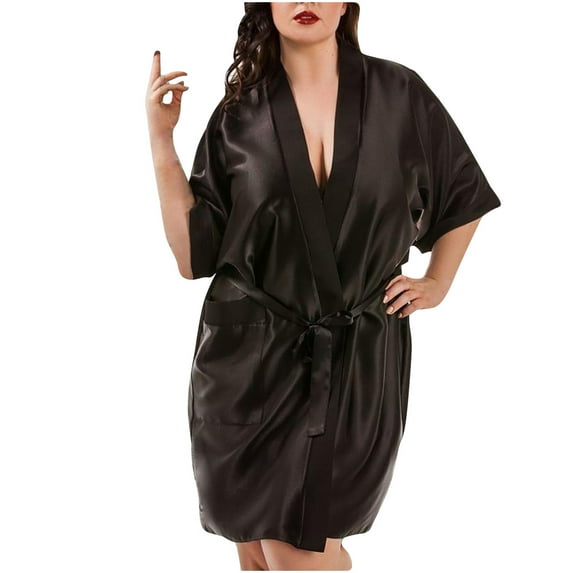 RKSTN Black Pajamas For Women Soft Tie-Front Cardigan Solid Color V Neck Minimalist Half Sleeve Lightweight Sleepwear Fall Winter Lounge Nightgowns