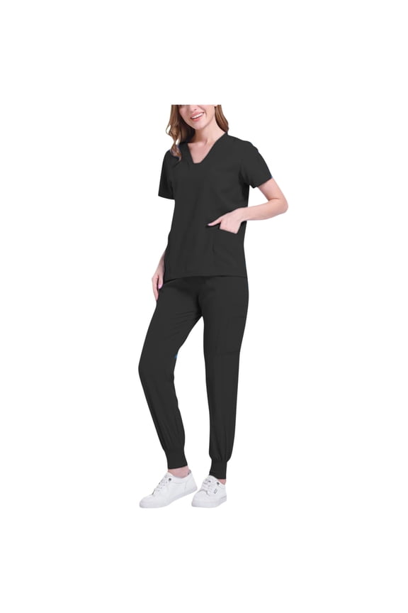 Black Scrubs for Women 2 Piece Sets Spring Summer Solid Color Short Sleeve V Neck Loose Pocket Scrub Shirt Top Tapered Leg Jogger Pants with Pockets Medical Nursing Uniforms Scrub Set