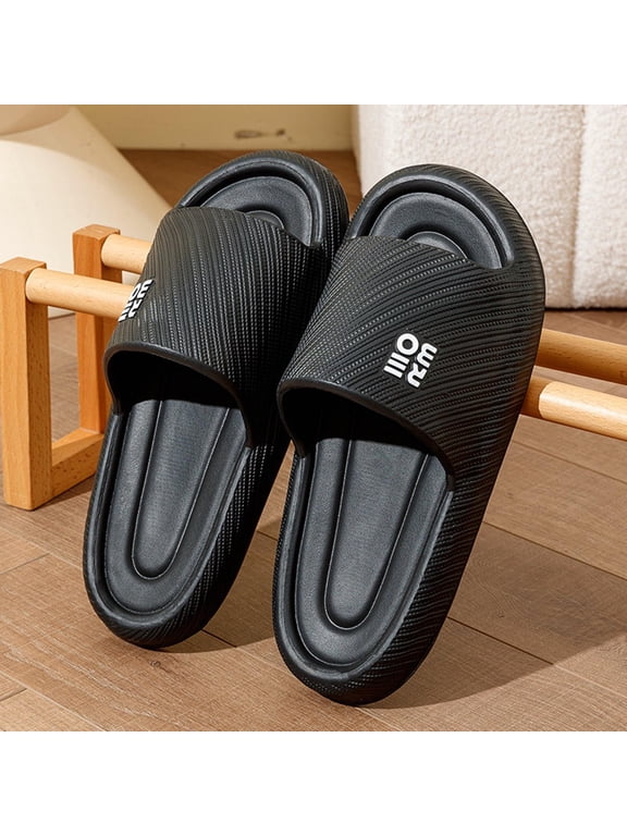 Black Slippers for Men Twill Upper Letter Print Thick Soled Cushioned Bathroom Shower Shoes Non Slip Soft Sole Odor Control Durable Wear House Slides Beach Sandals