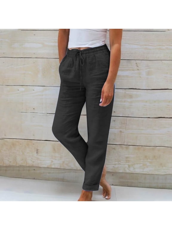 Black Straight Leg Cotton Linen Pants for Women with Pockets Lounge Pants Women High Waisted Stretchy Pull on Daily Wear Casual Pants for Women
