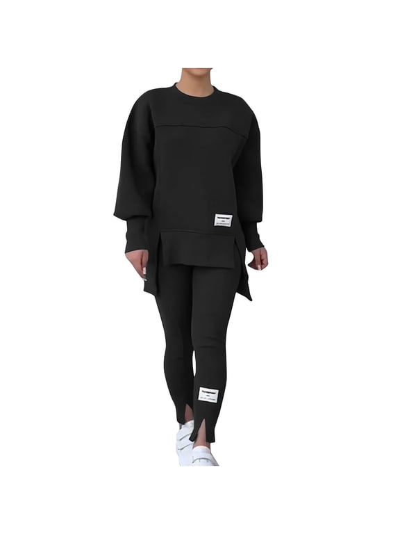 Black Sweatsuits Women 2 Piece Outfit Solid Color Crew Neck Long Sleeve Pullover Comfy Fall Casual Track Suits Sets for Women