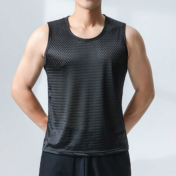 RKSTN Black Tank Tops Men Plus Size Sleeveless Pullover Workout Shirts Fashionable Solid Color Crew Neck Jogging Summer Casual Slimming Breathable Top