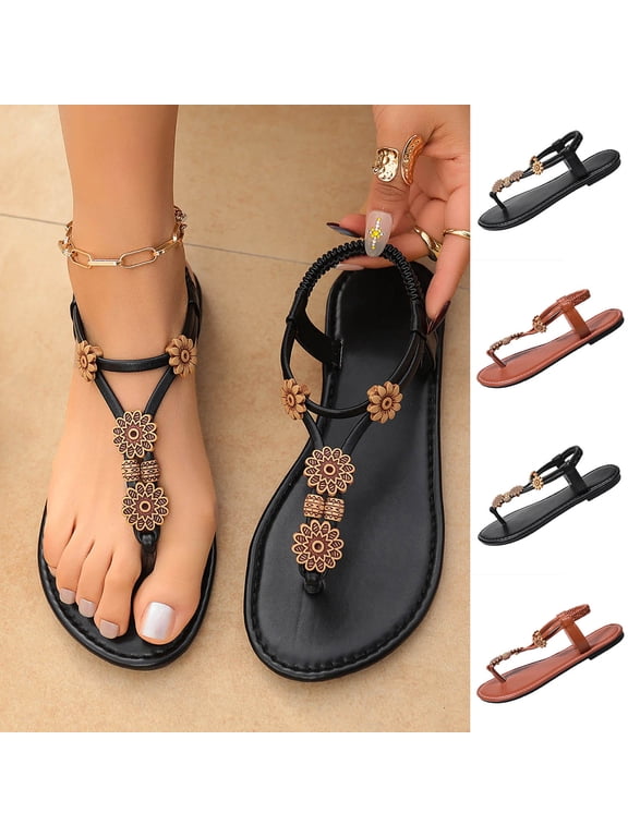 Black Women's Sandals Flat Dressy Summer Bohemian Style Ornaments Sandals with Ankle Strap Comfortable Casual Walking Flat Sandals