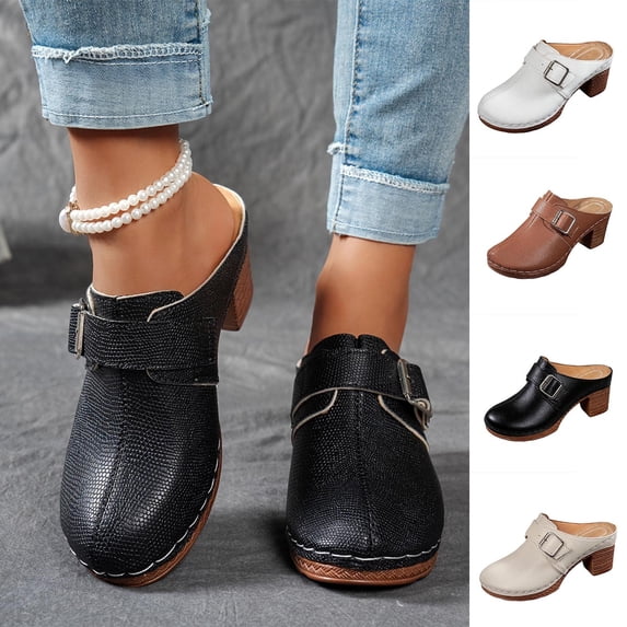 RKSTN Black Womens Slippers Trendy Solid Color Round Toe Closed Toe Thick Sole High Heel Versatile Dress Sandals