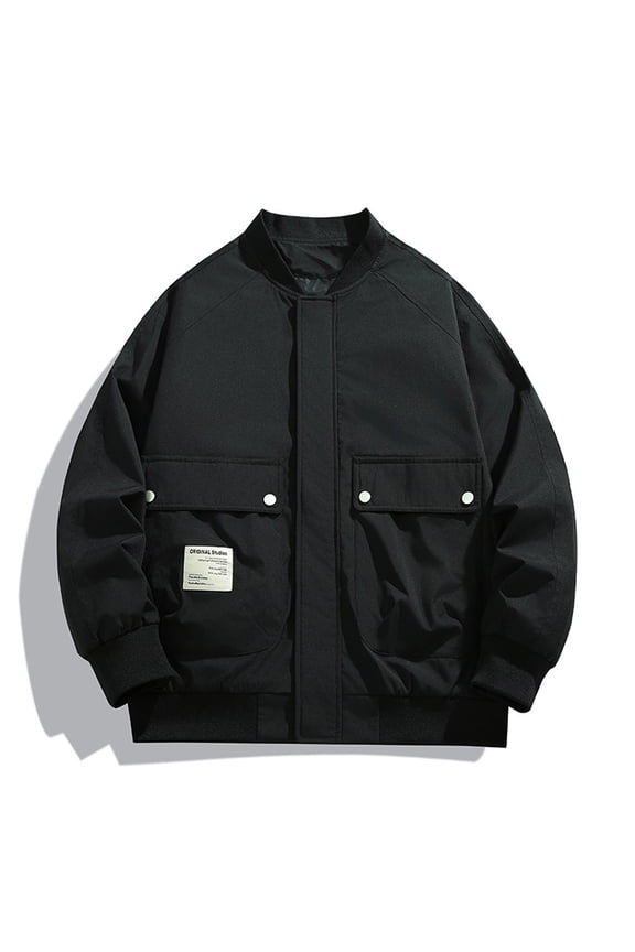 Bomber Jacket Men Zip up Jacket Long Sleeve Stand up Collar Wind Breaker Jackets Mens Athletic Jacket with Pockets (Black ,L)