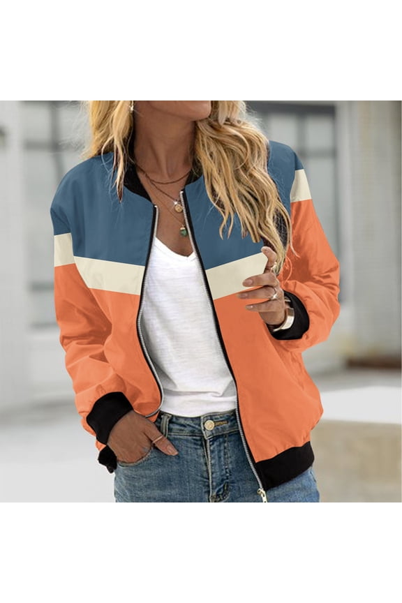 Bomber Jacket Women Spring Jackets for Women Color Block Long Sleeve Stand up Collar Zipper Womens Jacket with Pockets (Orange ,S)