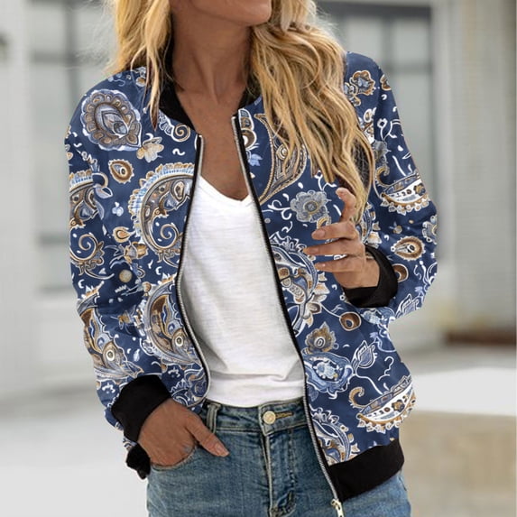 RKSTN Bomber Jacket Women Spring Jackets for Women Print Oversized Long Sleeve Stand up Collar Zipper Womens Jacket with Pockets (Blue ,XXXXXL)
