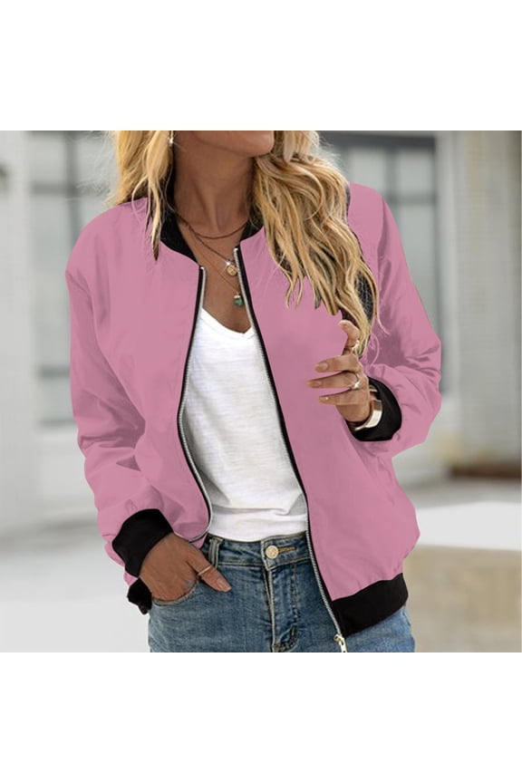 Bomber Jacket Women Spring Jackets for Women Solid Color Long Sleeve Stand up Collar Zipper Womens Jacket with Pockets (Pink ,XXL)