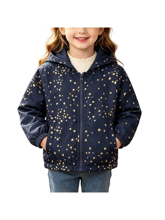 Boys Jacket with Hood Long Sleeve Zip up Cute Gold Print Windbreaker Lightweight Girls' Outerwear Jackets with Pockets (Navy ,4 Years)