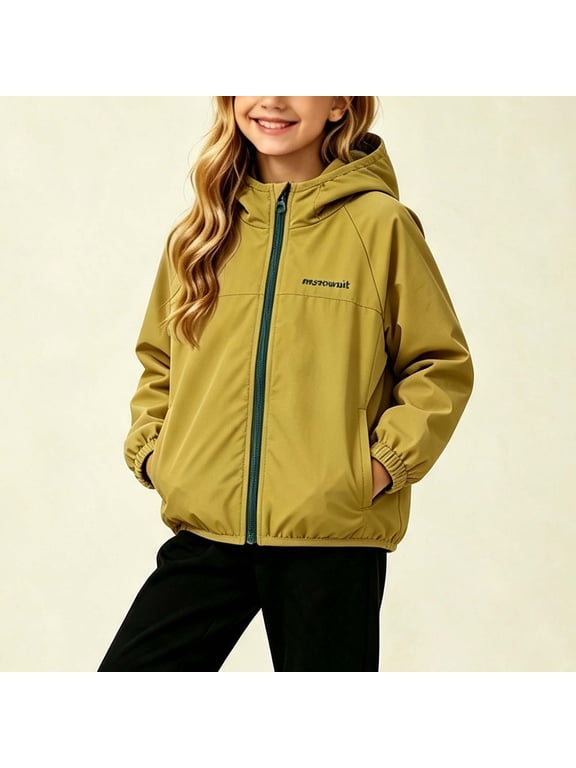 Boys Jacket with Hood Long Sleeve Zip up Solid Color Windbreaker Lightweight Girls' Outerwear Jackets with Pockets (Mustard Yellow ,1-2Years)