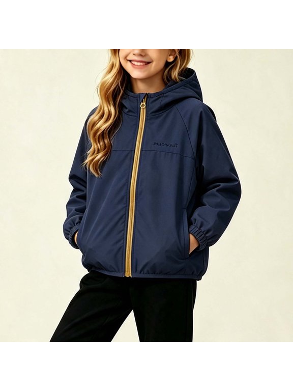 Boys Jacket with Hood Long Sleeve Zip up Solid Color Windbreaker Lightweight Girls' Outerwear Jackets with Pockets (Navy ,1-2Years)