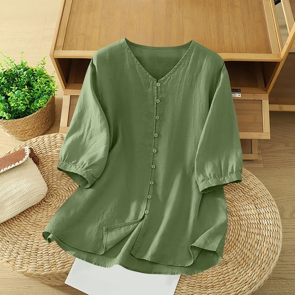 RKSTN Button up Shirt Women Cotton Linen Blend Summer Color Block Short Sleeve V Neck Comfy Versatile Weekend Outing Shopping Shirts Top