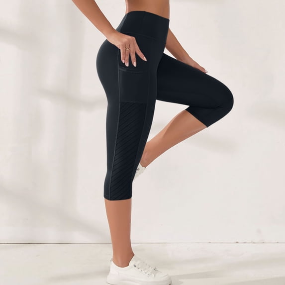 RKSTN Capris Leggings for Women Tummy Control with Pockets High Waisted Workout Pants Plain Comfy Versatile Yoga Pilates Outfits for Women (Black ,L)