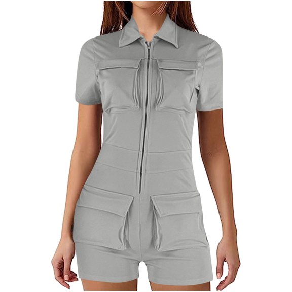 RKSTN Cargo Romper Women Jumpsuits Overalls Short Sleeve Turn Down Collar Zipper Fitted Casual Outfits for Women with Multi Pockets (Gray ,M)