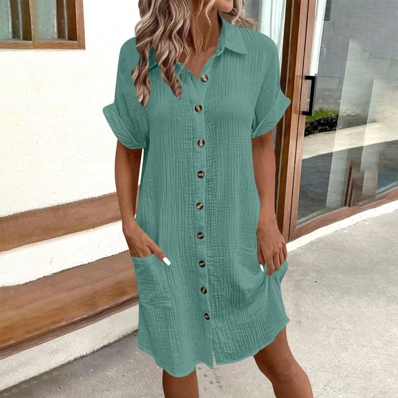 RKSTN Casual Dresses for Women Pure Cotton Knee Length Dress Summer Short Sleeves V Neck Buttons Solid Color Freedom Beach Resort Vacation Dress with Pockets