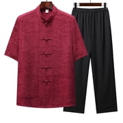 RKSTN Chinese Traditional Tang Suit Cotton Linen Martial Art Kung Fu for Men Two Piece Sets Short Sleeve Tang Suit Uniform with Pockets Elastic Waist Pants Summer Lounge Sets