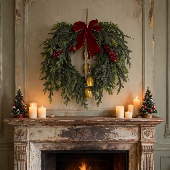 RKSTN Christmas Norfolk Pine Wreath with Bow, 20 Inches