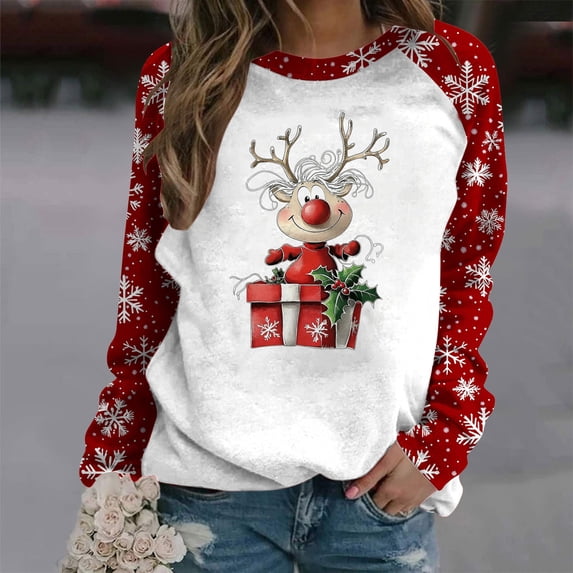 RKSTN Christmas Sweatshirts for Women Oversize Crewneck Cute Christmas Reindeer Graphic Pullover Hoodless Sweatshirts Top Women's Casual Round Neck Loose Drop Shoulder Sweatshirt Fall Winter Deals