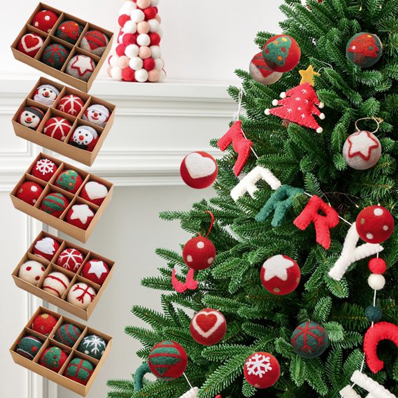 RKSTN Christmas Tree Ball Ornaments for Xmas Tree - 6 Pcs Shatterproof Wool felt Christmas Tree Decorations With Holiday Patterns, 1.96" Hanging Xmas Ball Ornaments Set for Holiday Party Decoration