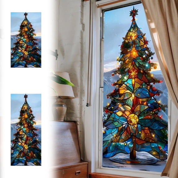RKSTN Christmas Window Clings: 90x180cm 2D Tree Stickers—Colored Glass Decor for Windows, Holiday Background Prop (Style B)