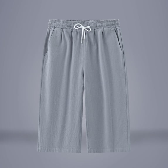 RKSTN Cotton Linen Capri Pants for Men Plus Size Drawstring Waist Lightweight Straight Leg Breathable Daily Commute Summer Pants for Men with Pockets (Gray ,M)