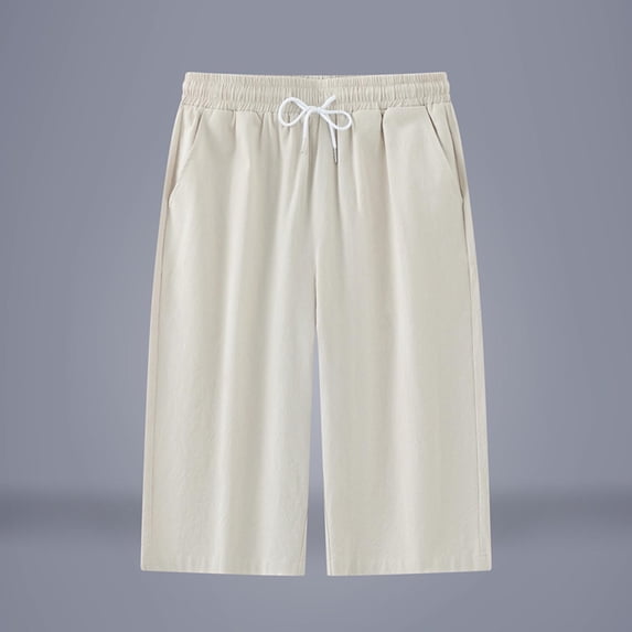 RKSTN Cotton Linen Capri Pants for Men Plus Size Drawstring Waist Lightweight Straight Leg Breathable Daily Commute Summer Pants for Men with Pockets (Khaki ,L)