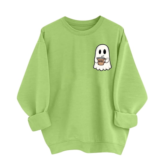 RKSTN Crew Neck Sweatshirts Women Halloween Sweatshirt Simple Chest Ghost Print Comfortable Pullover Going Out Long Sleeve Shirts for Women (Green ,S)