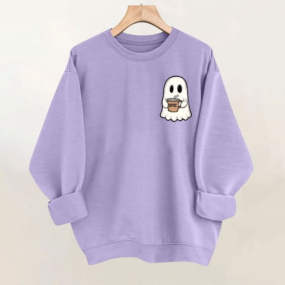 RKSTN Crew Neck Sweatshirts Women Halloween Sweatshirt Simple Chest Ghost Print Comfortable Pullover Going Out Long Sleeve Shirts for Women (Purple ,XL)