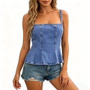 RKSTN Denim Tank Tops for Women Cinched Waist Denim Summer Tops for Women Square Neck Daily Wear Jean Top for Women Light Blue ,S
