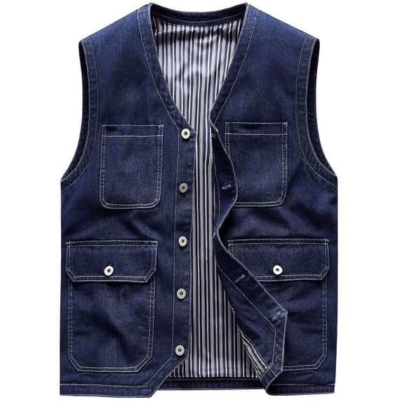 RKSTN Denim Vest Men Sleeveless Mens Lightweight Jackets Solid Color V Neck Button Down Versatile Jean Jacket with Pockets (Dark Blue ,XL)