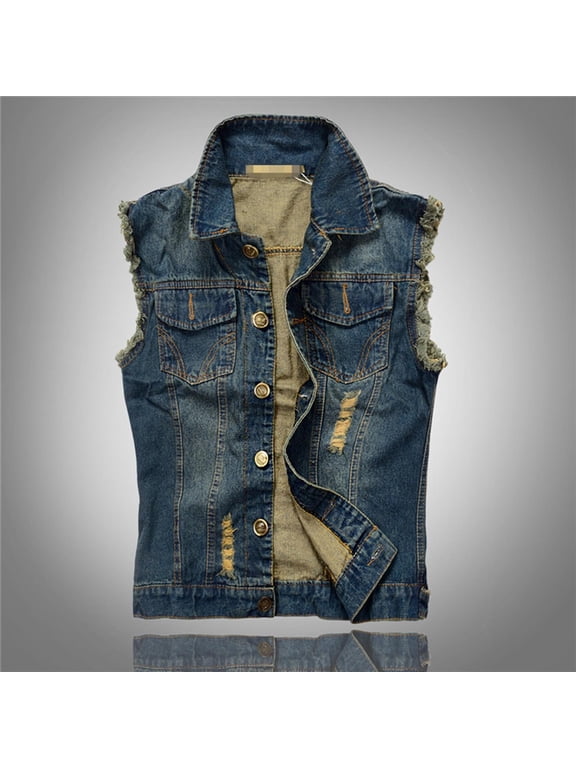 Denim Vest for Men Vintage Distressed Fashionable Plus Size Solid Color Lapel Button Up Sleeveless Slim Fit Flattering Jean Jacket Vest with Chest Pockets