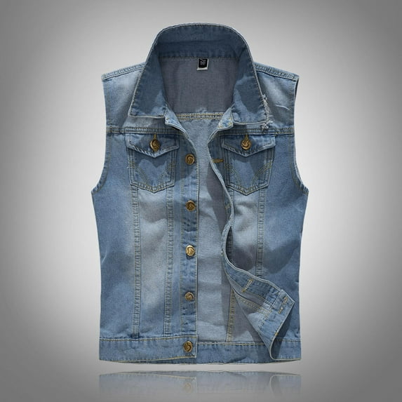 RKSTN Denim Vest for Men Vintage Distressed Fashionable Plus Size Solid Color Lapel Button Up Sleeveless Slim Fit Flattering Jean Jacket Vest with Chest Pockets