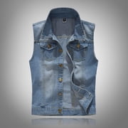 RKSTN Denim Vest for Men Vintage Distressed Fashionable Plus Size Solid Color Lapel Button Up Sleeveless Slim Fit Flattering Jean Jacket Vest with Chest Pockets