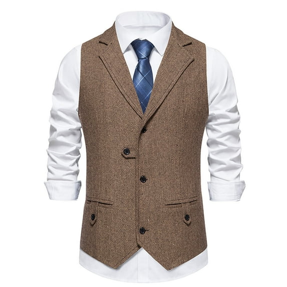 RKSTN Dress Vest for Men Tweed Herringbone Vintage Suit Vest Fashionable Solid Color V Neck Sleeveless Single Button Comfortable Flattering Groomsmen Vest Top with Pocket