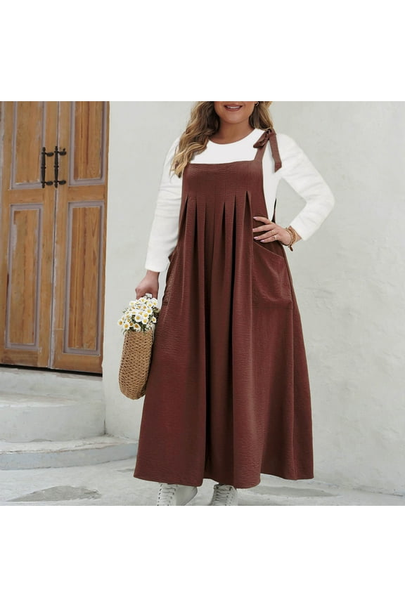 Dresses for Women Bib Overall Jumper Dress Plus Size Solid Color Square Neck Adjustable Straps Casual Suspender Pinafore Summer Maxi Dress with Pockets