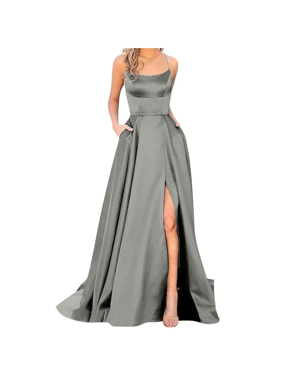 Dresses for Women Graduation Dress Satin Backless Cami Dress Crew Neck Tie High Slit Party Evening Gown (Gray ,XL)