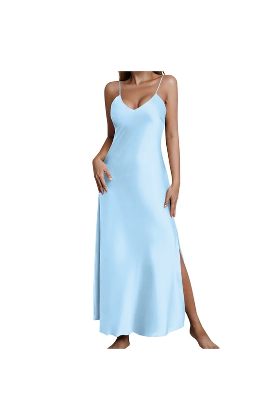 Dresses for Women Satin Backless Dress Solid Color Sleeveless V Neck High Slit Spaghetti Strap Nightgown (Light Blue ,XXL)