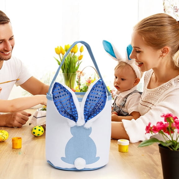 RKSTN Easter Bunny Basket with Lights Egg Bags for Kids, Canvas Cotton Personalized Candy Egg Basket Rabbit Print Buckets with Fluffy Tail Gifts Bags for Easter