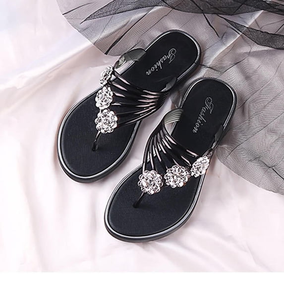 RKSTN Flip Flops for Women 3D Rhinestone Flower Flats Beach Sandals Open Toes Comfy Slip on Daily Outings Summer Slides for Women (Black ,7.5)