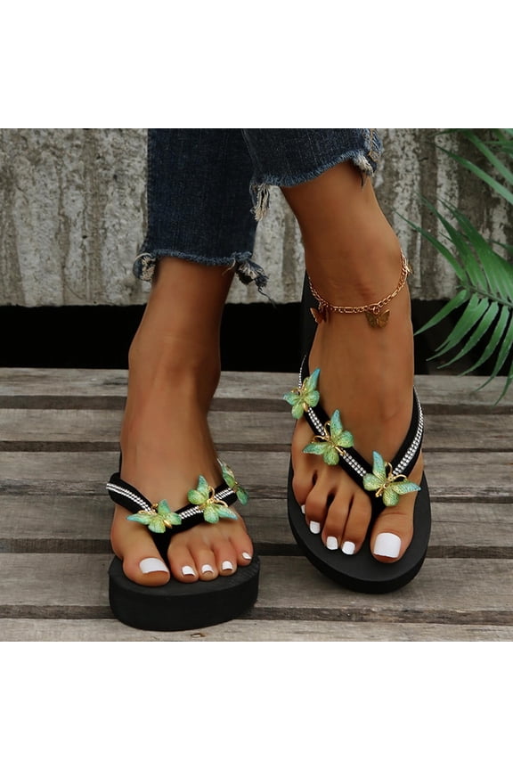 Flip Flops for Women Sequins Butterfly Rhinestone Platform Sandals Women Trendy Versatile Open Toes Beach Wedge Sandals for Women (Green ,9)