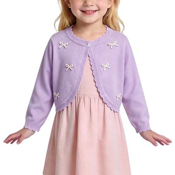 RKSTN Girls Cardigan for Dress Lovely Bow Detail Cotton Cardigan Long Sleeve Single Button Cropped Bolero Style Lightweight Summer Cardigan with Scallop Trim